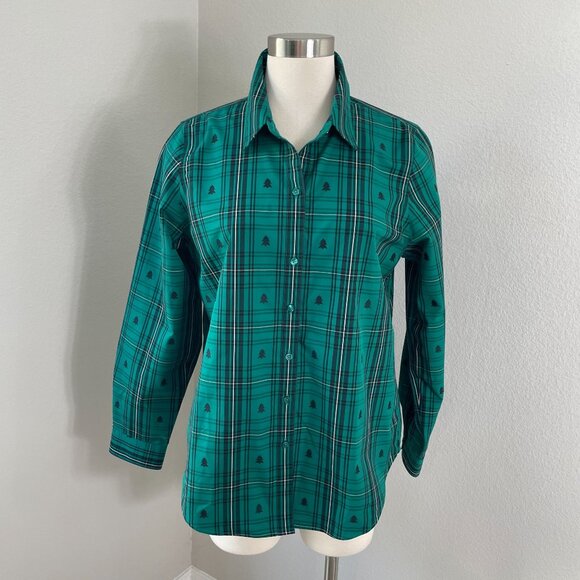 Coldwater Creek Womens 12 Non Iron Green Plaid Button Up Shirt With Tree Print - Picture 1 of 10
